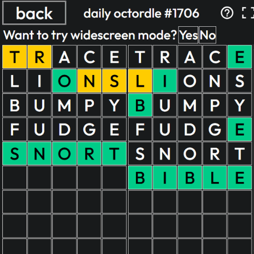 The player found the answers for the first two Octordle/Wordle grids: snort and bible.