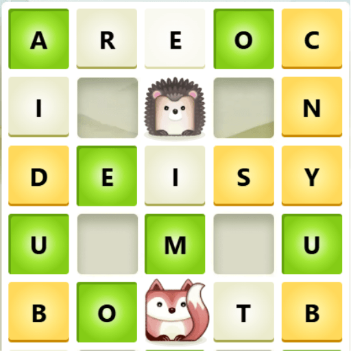 A daily puzzle from the game Reunion, there's a board with letters and rabbits and foxes that need to be arranged to create a meaningful word.