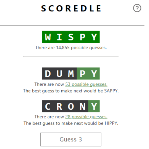 Scoredle analysis results for the Wordle game using the words "wispy," "dumpy," and "crony."