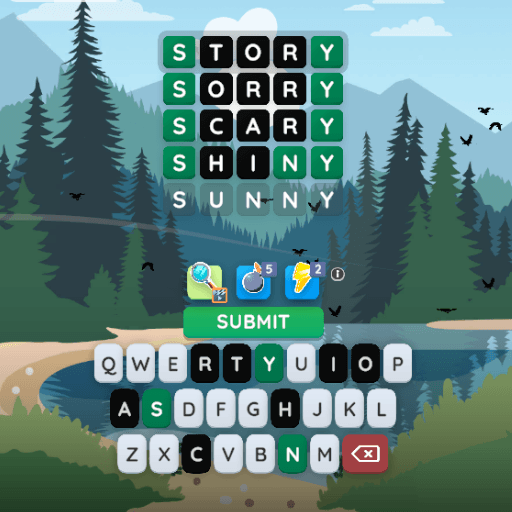 In the first puzzle of the Wordling Daily Word Challenge game, the player has already made five guesses and is entering the word sunny for the final turn.